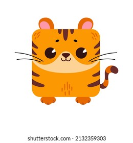 A cartoon cute tiger in a square shape. Square icon for apps or games. Vector illustration isolated on white background