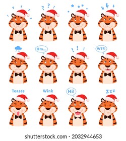 Cartoon cute tigers portraits set with facial expressions. Happy striped Zodiac symbol of New Year 2022 isolated on white background. Animal head in Santa hat with emotion holiday vector illustration.