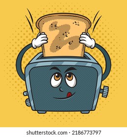 cartoon cute toaster inserts bread into itself pop art retro vector illustration. Comic book style imitation.