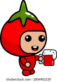 cartoon cute tomato mascot costume character vector drinking tomato juice
