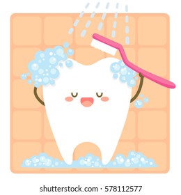 cartoon cute tooth brushing himself with a toothbrush