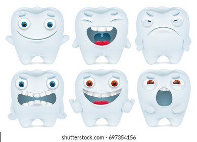 Cartoon cute tooth characters with different emotions. Vector collection