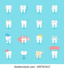 Cartoon Cute Tooth Characters Set Funny Element Prevent and Protection Dental Health Flat Design Style. Vector illustration of teeth hero