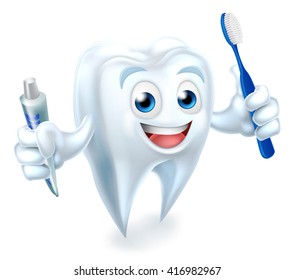 A cartoon cute tooth dental dentists mascot character holding toothpaste and a toothbrush 