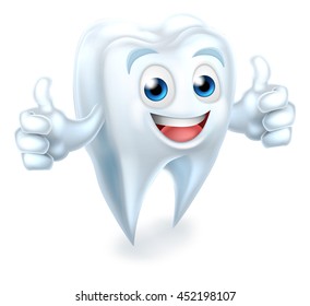 A cartoon cute tooth dental dentists mascot character giving a double thumbs up