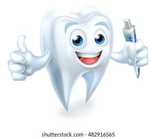 A cartoon cute tooth dental dentists mascot character doing a thumbs up and holding toothpaste