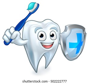 A cartoon cute tooth dental dentists mascot character holding a shield and toothbrush like a sword ready to defend itself
