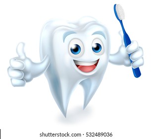 A cartoon cute tooth dental dentists mascot character doing a thumbs up and holding a toothbruch