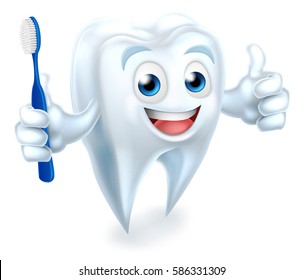 A cartoon cute tooth dental dentists mascot character holding a toothbrush and doing a thumbs up