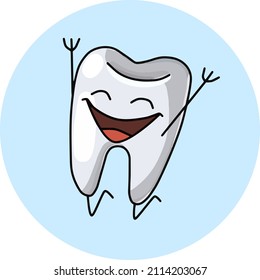 Cartoon cute tooth, smiling and jumping for joy, vector illustration on a round blue background, logo icon, design element