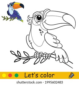 Cartoon cute toucan sitting on a liana. Coloring book page with colorful template for kids. Vector isolated illustration. For coloring book, print, game, party, design