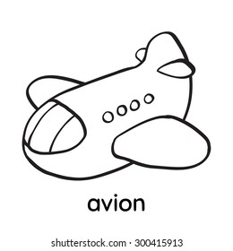Cartoon cute toy airplane in sky. First words - French alphabet - Letter A - avion - flash card design. Isolated outline vector clip art eps 10 illustration on white background. Coloring book.