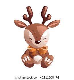 A cartoon cute toy fawn with a bow sits and smiles. Detailed vector illustration.