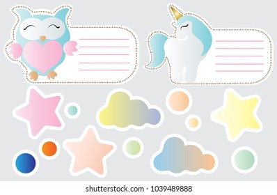 cartoon cute toy owl, unicorn, cloud and star
