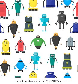 Cartoon Cute Toy Robots Background Pattern on a White Flat Style Design Futuristic Elements. Vector illustration