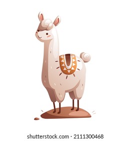 Cartoon cute toy white llama with a beautiful cape. Detailed vector illustration.