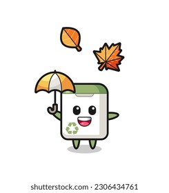 cartoon of the cute trash can holding an umbrella in autumn , cute style design for t shirt, sticker, logo element