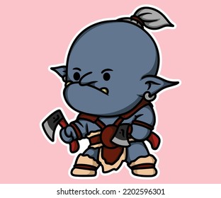 Cartoon Cute Troll Fantasy Warrior Standing With Medieval Weapon Axes