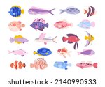 Cartoon cute tropical ocean exotic aquarium fishes. Goldfishes, tetra, barb, angelfish and lionfish. Small freshwater fish pets vector set. Underwater bright animals isolated on white