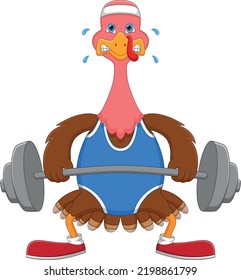 cartoon cute turkey bird exercising with lifting weights