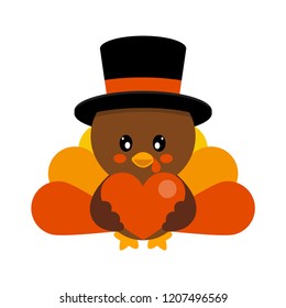 cartoon cute turkey in hat vector with heart