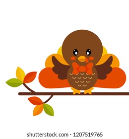 cartoon cute turkey with tie vector on a branch