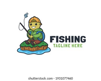 cartoon cute turtle fishing logo mascot design illustration