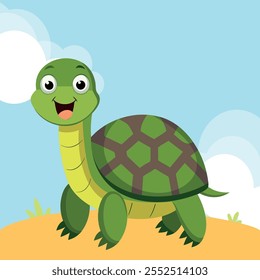 Tortuga linda de la historieta en estilo plano. Ilustración de la tortuga de Vector. Adorable tortuga bebé. Diseño para impresión, pegatina, icono, emblema o ilustración de libros para niños.