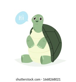 Cartoon cute turtle. Tortoise pretty character setting and say Hi. Illustration isolated on white background. Save turtles concept. Postcard, print, placard design