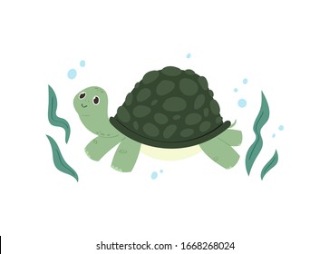 Cartoon cute turtle. Tortoise pretty character swimming in ocean. Illustration isolated on white background. Save turtles concept. Postcard, print, placard design