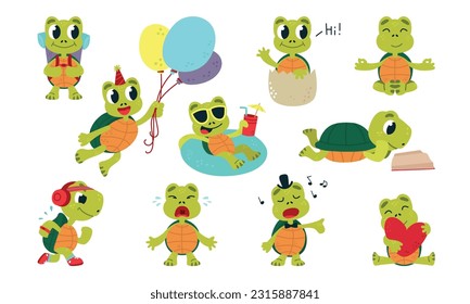 Caricatura de adorables personajes de tortugas. Tortuga divertida nadando y mudándose, caminando y leyendo. Canto tortoise, juego de vectores de animales infantiles de clase