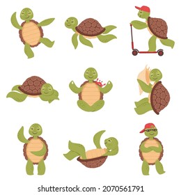 Cartoon cute turtles, funny tortoise characters. Happy little turtle swimming, sleeping or doing yoga, sea aquatics animal vector set. Cheerful character riding scooter, wearing cap