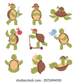 Cartoon cute turtles, funny turtle characters. Happy tortoise in various poses, swimming or doing yoga, friendly aquatic animal vector set. Character having message in bottle, parent with child