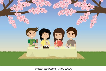 cartoon cute two couples picnic and viewing sakura cherry blossoms vector