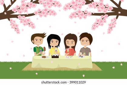 cartoon cute two couples picnic and viewing sakura cherry blossoms, isolated on white background vector