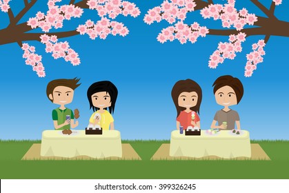 cartoon cute two couples picnic and viewing sakura cherry blossoms vector