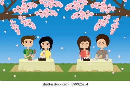 cartoon cute two couples picnic and viewing sakura cherry blossoms vector