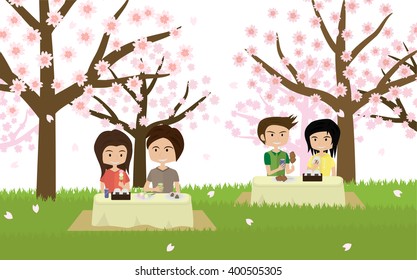 cartoon cute two couples picnic and viewing sakura cherry blossoms, isolated on white background vector