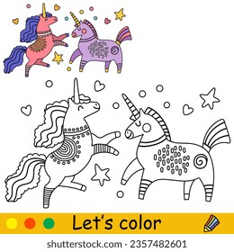 Cartoon cute two funny doodle unicorns with hearts. Coloring book page. Black and white vector isolated illustration with colorful template for kids. For coloring book, print, game, party, design