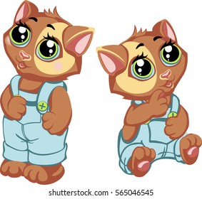 Cartoon cute two kittens dressed in overalls.  Cat vector illustration.