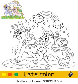 Cartoon cute two running unicorns. Kids coloring book page. Unicorn character. Black outline on white background. Vector isolated illustration with colorful template. For coloring, print, game, design