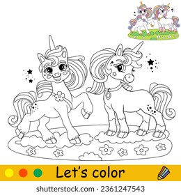 Cartoon cute two unicorn friends in a blooming meadow. Coloring book page. Unicorn character. Black, white vector isolated illustration with colorful template for kids. For coloring book, print,design