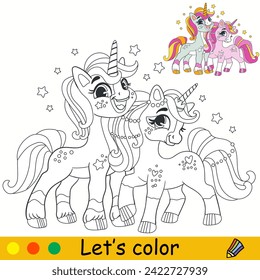 Cartoon cute two unicorn friends . Kids coloring book page. Unicorn character. Black contour, white background. Vector isolated illustration with color template. For coloring, print, design, stickers