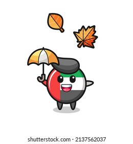 cartoon of the cute uae flag badge holding an umbrella in autumn , cute style design for t shirt, sticker, logo element