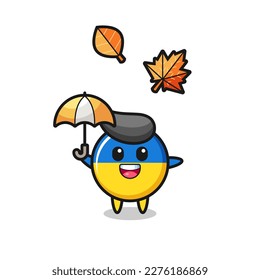 cartoon of the cute ukraine flag badge holding an umbrella in autumn , cute style design for t shirt, sticker, logo element