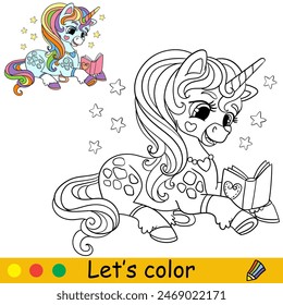 Dibujos animados lindo unicornio con un libro. Página de libro para colorear para niños. Carácter unicornio. Contorno negro sobre fondo blanco con Plantilla de color. Ilustración vectorial. Para colorear, imprimir, diseñar, pegatinas