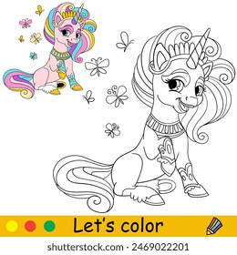 Cartoon cute unicorn with butterflies. Kids coloring book page. Unicorn character. Black outline on white background. Vector isolated illustration with colorful template. For coloring, print, design