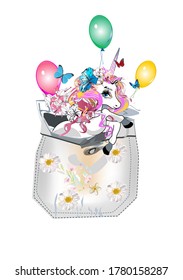  Cartoon cute unicorn character decorated with flowers and butterflies, ice-cream. Hand drawn vector illustration for card and shirt design.