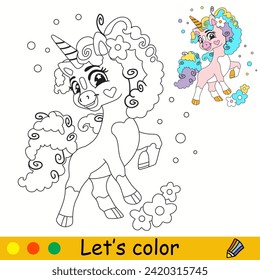 Cartoon cute unicorn with curly mane. Kids coloring book page. Unicorn character. Black contour isolated on white. Vector illustration, colorful template. For coloring, print, design, decor, clothes