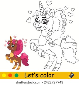 Cartoon cute unicorn with curly mane. Kids coloring book page. Unicorn character. Black contour, white background. Vector isolated illustration, color template. For coloring, print, design, stickers